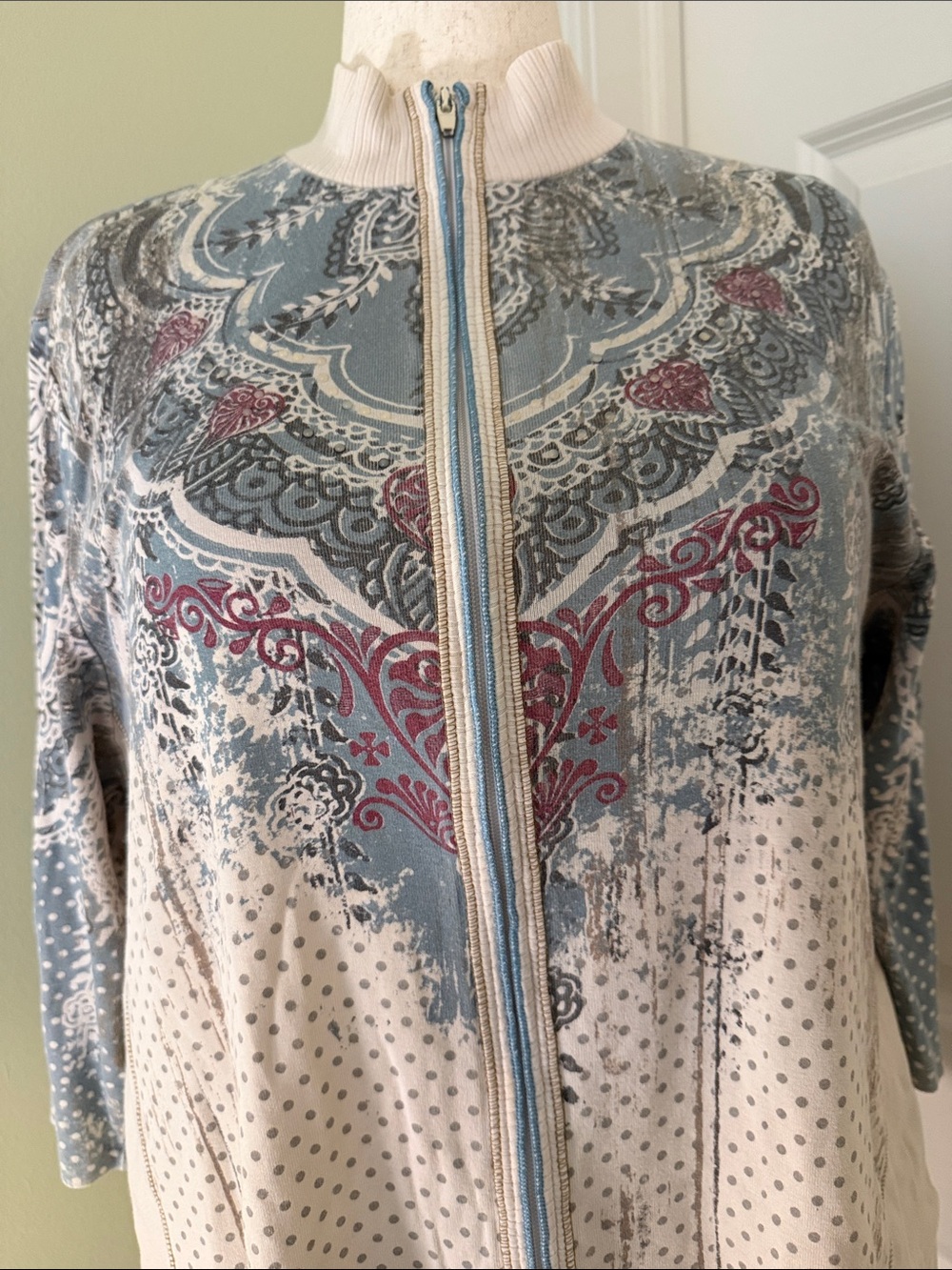 Vanilla Sugar vintage cream/blue/dark pink lace print zipper 3/4 sleeve jacket